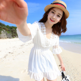 韩版 V领度假海边沙滩裙 蕾丝镂空五分袖 松紧腰收腰 连衣裙 女夏