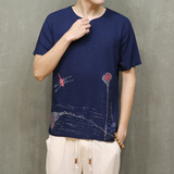 中国风唐装男夏季棉麻短袖T恤青年大码棉麻印花上衣中式盘扣汉服