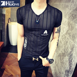 男装韩版透视紧身黑色打底衫休闲半袖薄款短袖修身体恤潮流V领T恤