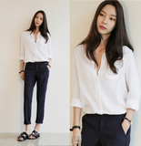 秋装新款韩版长袖衬衫女 修身显瘦白色棉麻亚麻女装上衣衬衣