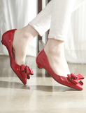 2016韩版蝴蝶结红色婚鞋矮跟女单鞋坡跟女鞋小码漆皮尖头低跟单鞋