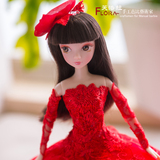 正品镶钻婚纱中国娃娃红色芭比新娘蕾丝裙摆结婚生日礼物情人摆件