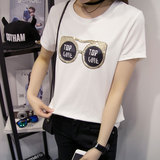 韩版个性眼镜金色亮片卡通图圆领短袖半袖修身大码女款T恤