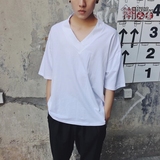 韩版中长款V领宽松休闲五分短袖T恤夏季潮男日系嘻哈朋克蝙蝠汗衫