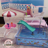 戏水玩具芭比娃娃泳池大方形泳池 有太阳伞 沙滩椅可滑滑梯12578