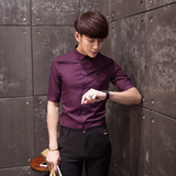 2016夏季韩国男装玫瑰花中袖衬衣潮男精品五分袖衬衫紫深色系短袖
