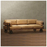 美式复古做旧工业风格铁艺实木布艺皮革三人沙发软垫滚轮长椅躺椅
