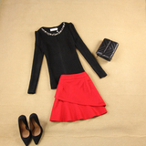 2件包邮女装15秋冬新款针织黑色钉珠打底衫+大红色荷叶边短裙套装