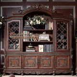 欧式储物书房美式四门书柜实木雕花柜子奢华木质雕花组合书橱特价