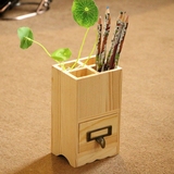 木质笔筒创意时尚办公用品抽屉式韩国可爱文具实木桌面收纳盒摆件