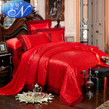 婚庆四件套大红蕾丝 结婚六件套60s贡缎提花欧式床品被套床单床盖