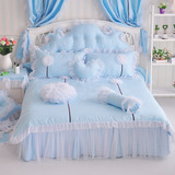 韩国春夏公主床上用品四件套蕾丝床裙三件套儿童花朵被套天蓝粉色