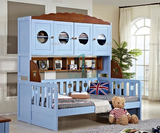地中海全实木衣柜床 美式乡村储物双层床田园儿童高低床 蓝色定制