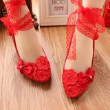 大红色结婚女鞋蕾丝丝带绑带中跟新娘鞋低跟平底伴娘鞋手工婚鞋女
