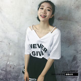 韩国2016夏季女装新款宽松v领t恤衫性感吊带露肩短袖t恤女上衣潮
