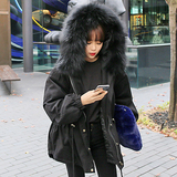 韩国2016冬装新款毛领保暖加厚抽绳黑色连帽宽松时尚工装棉服外套