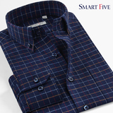 SmartFive 男装法兰绒格子衬衫男长袖修身时尚休闲纯棉磨毛男衬衣