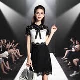 2016夏季新款AIVEI艾薇专柜代购时尚女装拼接修身短袖蕾丝连衣裙