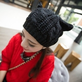 韩国帽子女秋季羊毛贝雷帽麻花冬天韩版针织帽日系猫耳朵毛线帽潮