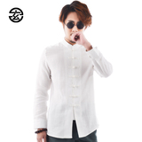 玄笙2016春季新款中国风亚麻长袖衬衫男中式白色衬衣复古盘扣男装