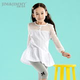 吉姆吉米 女童长袖t恤纯棉休闲中长款 白色打底衫 春 薄款圆领