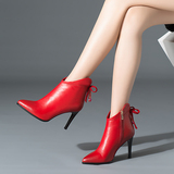豪雅森春秋马丁靴细跟尖头短靴女高跟短靴真皮女式靴子红色时装靴