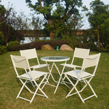 白色折叠椅小圆桌钢化玻璃花园户外休闲咖啡餐饮家具桌椅三五件套