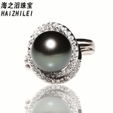 S925纯银新款天然深海南洋母贝珠珍珠戒指 黑色正圆珍珠强光无瑕