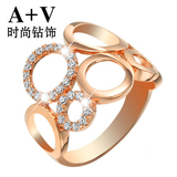 A+V18K玫瑰金钻石钻戒女欧美时尚个性宽圆食指排钻戒指专柜正品