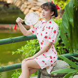 2016夏季甜美印花民国风旗袍日系软妹改良短款连衣裙少女包臀性感