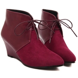 2014秋冬新款 尖头欧美高跟复古系带马丁靴 坡跟短靴酒红色及裸靴