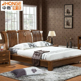 中格现代中式框架实木床 带排骨架橡木1.8米双人床 胡桃色结婚床