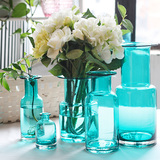 透明蓝色玻璃花瓶 插花瓶  水培植物瓶 家居样板间装饰 简约风格