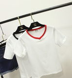 2016年夏季新款显瘦时尚白色打底拼色V领休闲短款气质上衣女t恤