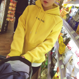 加绒加厚连帽带帽套头黄色时尚字母卫衣女短款外套冬季韩版潮学生