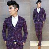 秋季男士西服套装紫色格子小西装韩版修身主持人结婚礼服潮发型师