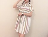 2016夏季韩国订单 甜美文艺风竖条纹后背绑带蝴蝶结娃娃装连衣裙