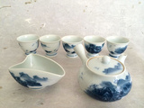 日本日式茶器 老件回流日本万字款青花手绘瓷壶杯套组