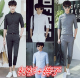夏季潮流韩版九分裤英伦发型师衬衣男士七分袖衬衫搭配套装男装薄