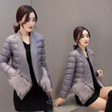 短款棉衣女 2015冬装新款韩版PU皮拼接棉服外套西装领时尚小棉袄