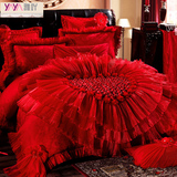 雅吖家纺 贡缎婚庆床品十件套大红心形结婚礼床上用品套件多件套