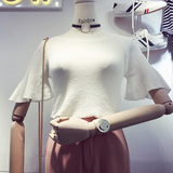 韩国ulzzang2016夏新款rainbow简约修身圆领喇叭袖白色针织T恤女