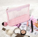粉色网纱化妆包 4G格纹大容量洗漱包 粉嫩透明网格化妆袋包