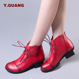 Y．Guang阳光女鞋新款真皮系带短靴女马丁靴粗跟舒适妈妈鞋单靴