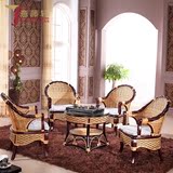 意藤轩客厅室内天然真藤椅茶几三件套 欧式休闲阳台藤编桌椅组合