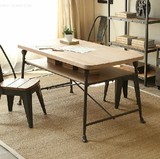 复古实木餐桌做旧铁艺咖啡桌子双层办公桌美甲桌写字台美式长方形