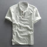 中国风复古短袖t恤男士夏季棉麻上衣薄款青年修身纯色衬衫领男装