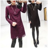 2015冬装新款女装韩版蕾丝钩花加绒加厚纯色蕾丝打底裙连衣裙