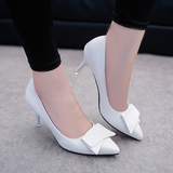 女夏2016新款百搭白色高跟鞋尖头蝴蝶结5-6厘米中跟细跟女士皮鞋