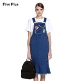 Five Plus2016新品女春装棉质刺绣图案牛仔背带连衣裙2HM1085570